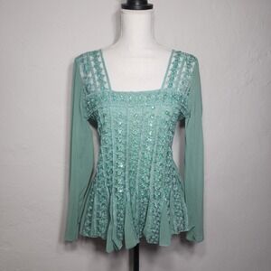 The Pyramid Collection Sage Green Embroidered Sequin Peplum Top XL Long Sleeve